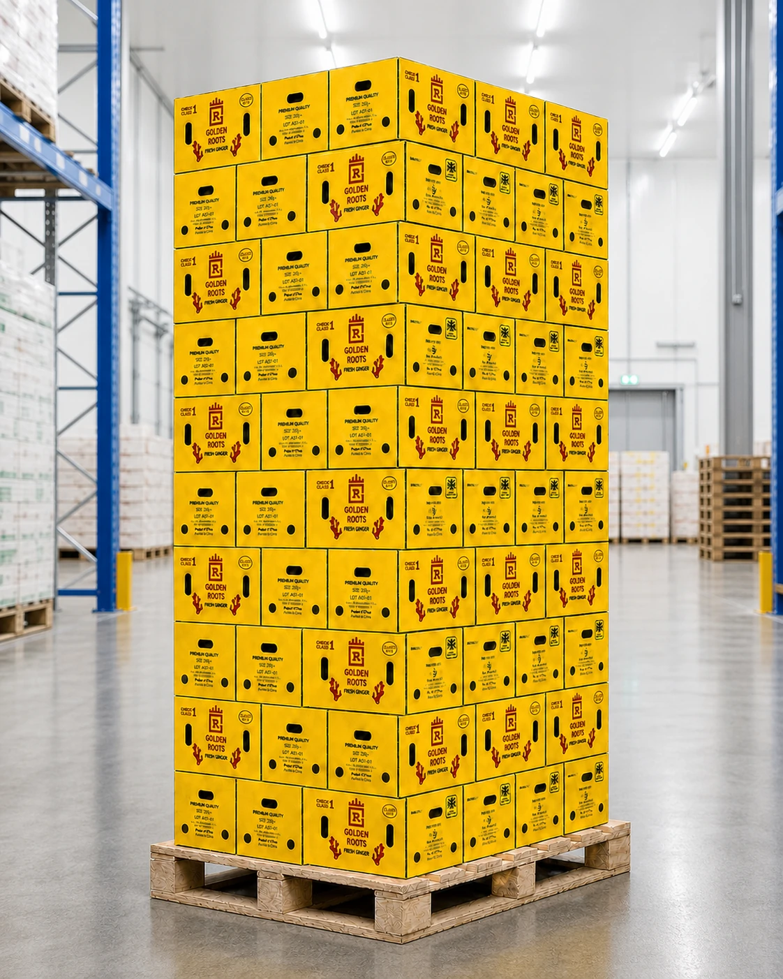 Yellow Golden Roots Classic fresh-ginger cartons arranged on a full wooden pallet