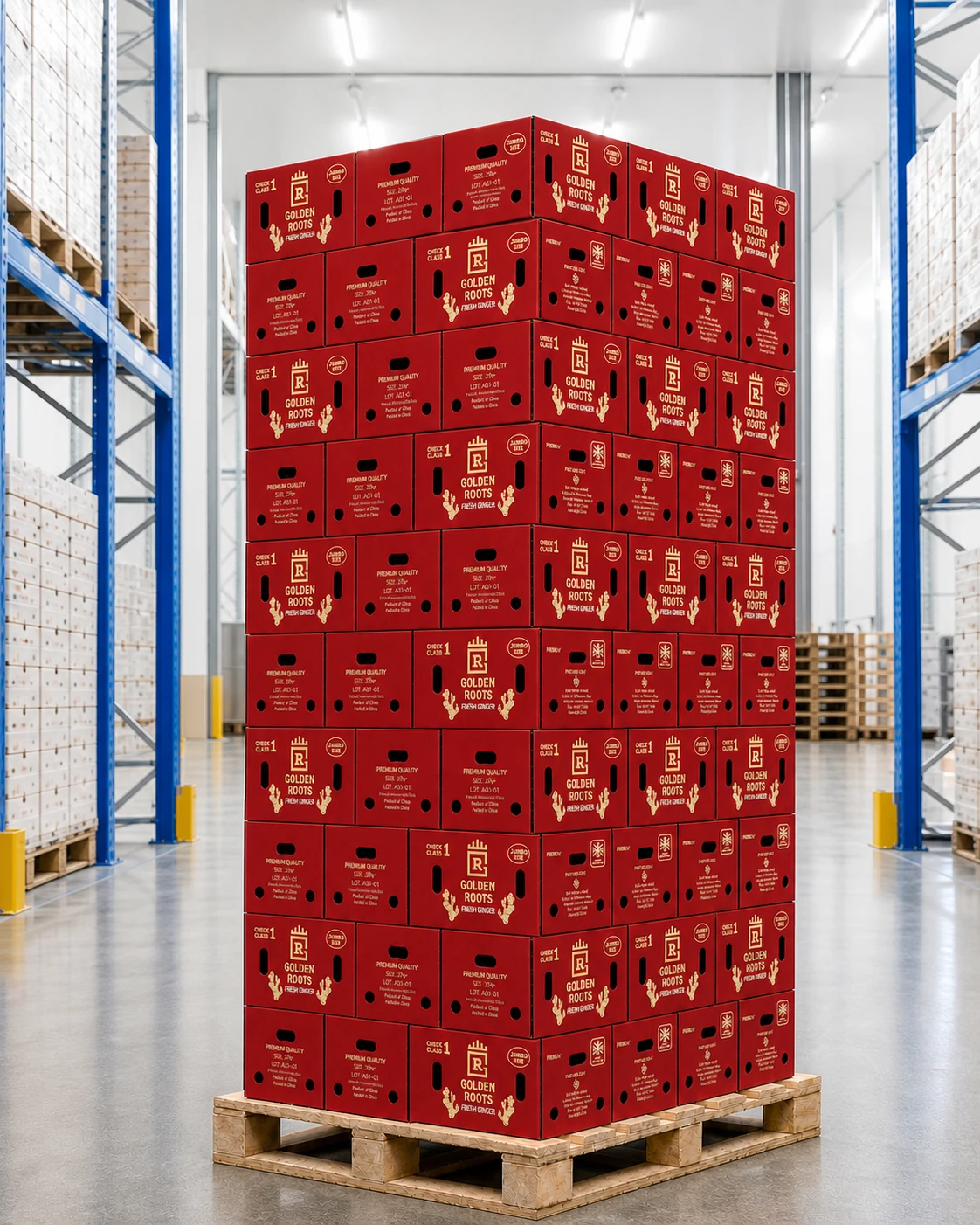 Red Golden Roots Jumbo fresh-ginger cartons arranged on a full wooden pallet