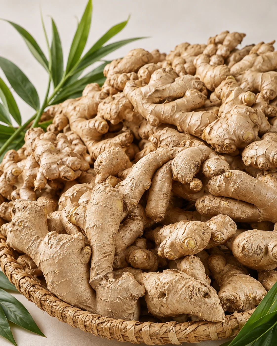 Fresh whole ginger presented in a woven basket